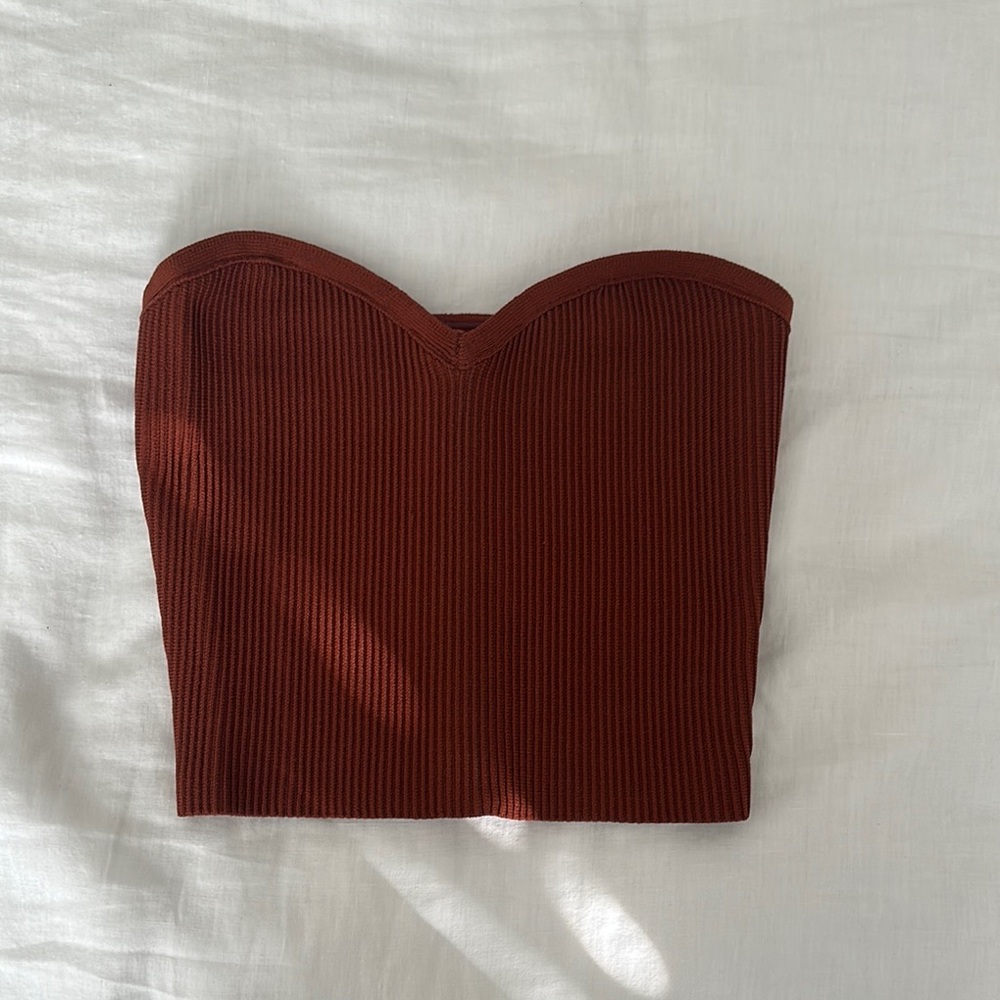 Babaton Strapless Ribbed Top in Rust